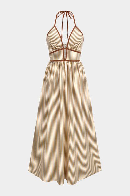 Vestido GREGOR largo sin mangas con cuello halter y escote en V, con estampado de rayas en contraste