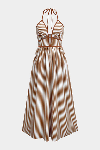 Vestido GREGOR largo sin mangas con cuello halter y escote en V, con estampado de rayas en contraste