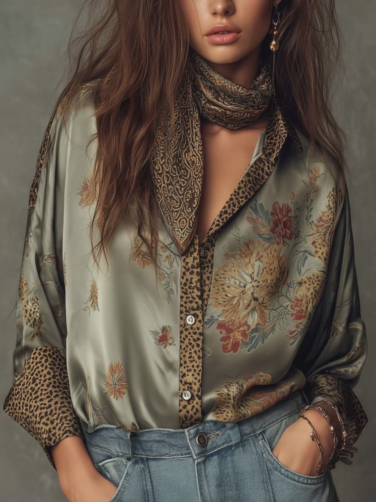 Camisa CARISMA de satén con estampado floral y botones, con ribete de leopardo.