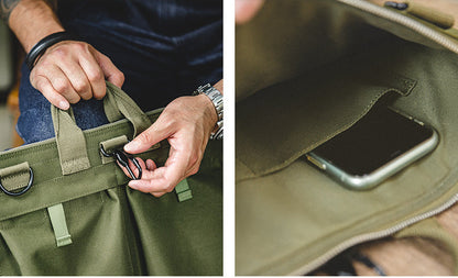 Bolsa LEO para portátil con diseño vintage de lona y casco para hombre.