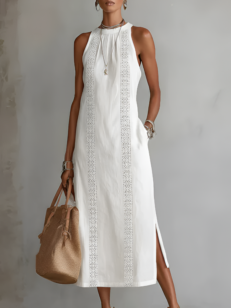 JIMENA | Vestido midi de lino con cuello halter.