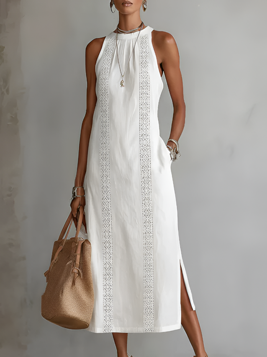 JIMENA | Vestido midi de lino con cuello halter.