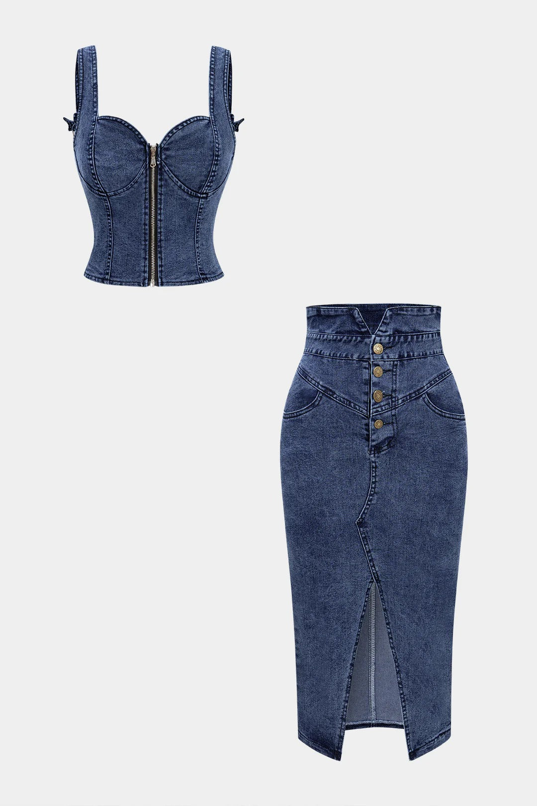 Conjunto IMPERIA denim de top vaquero con cremallera y falda con botones y bolsillos.