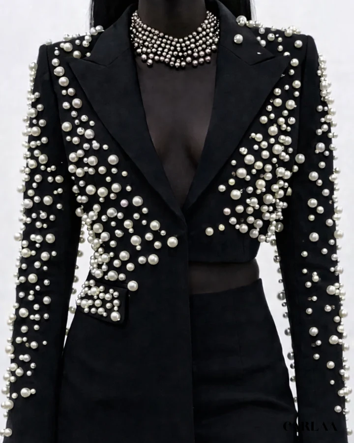 Conjunto Ziria tendencia 2026, dos piezas de perlas empalmadas para mujer, solapa, manga larga, top Irregular, minifalda de cintura alta, traje para mujer, nuevo