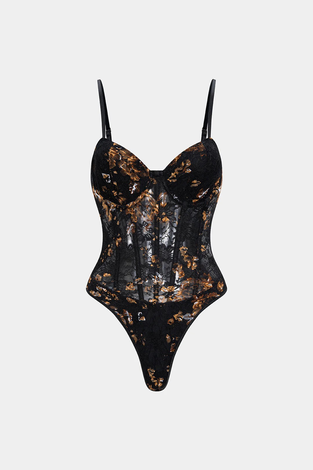 Body NOIR BLOOM sin mangas tipo bustier corsé con estampado floral bordado.