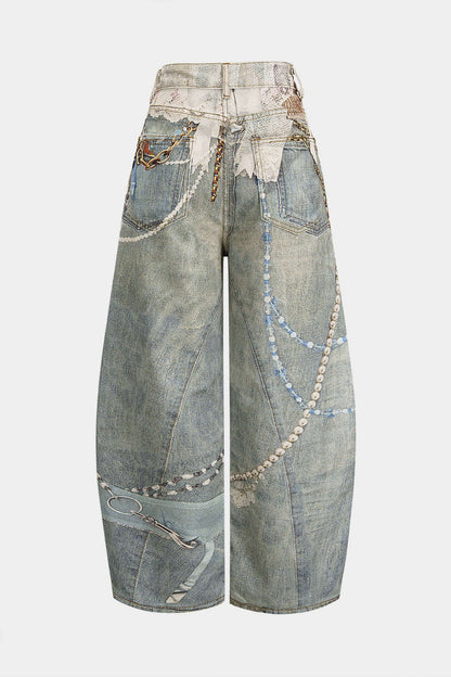 Pantalones ZELIN oversize vaqueros de pierna ancha con estampado abstracto.