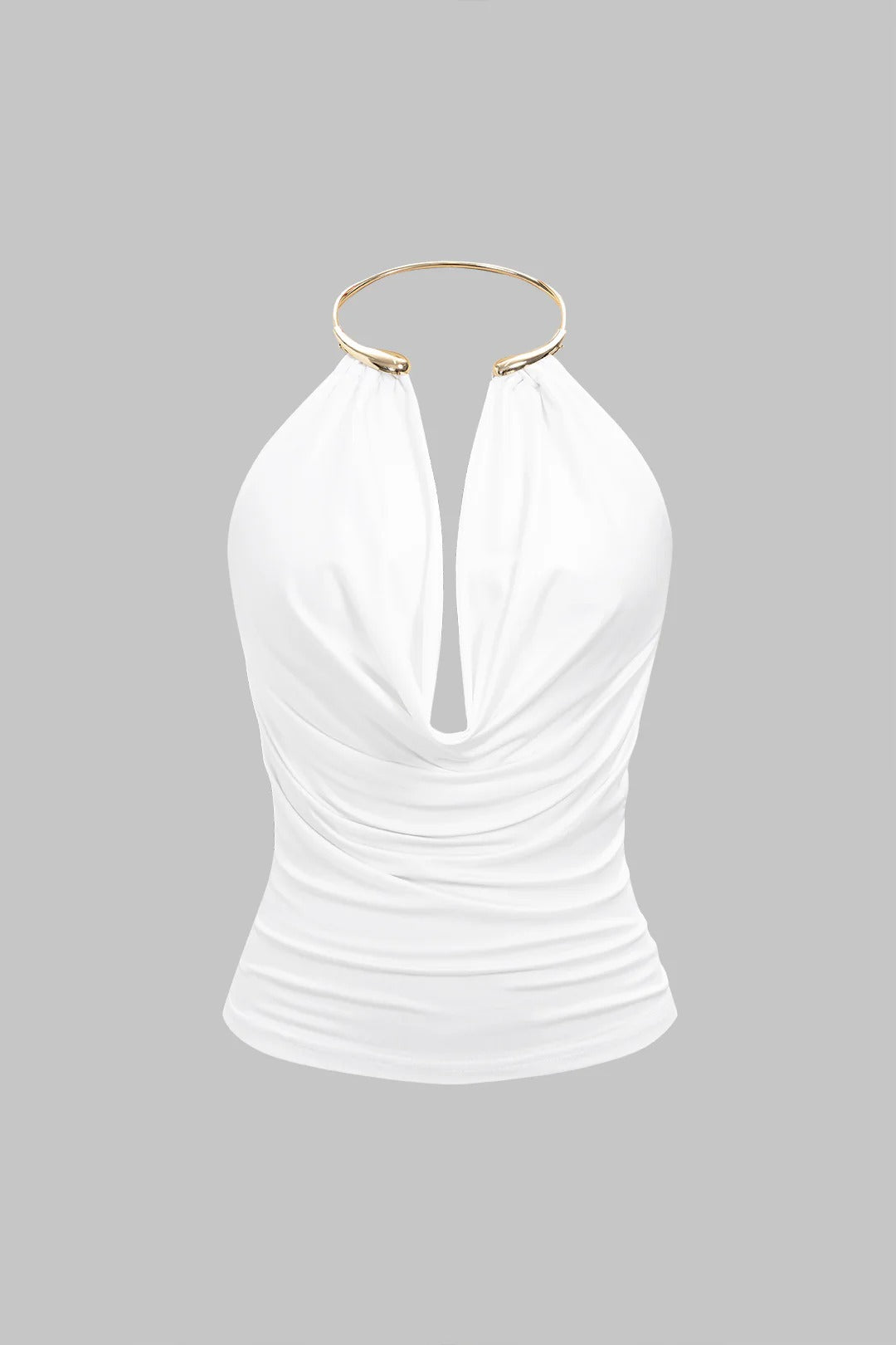 Top DESEO sin mangas metálico con cuello halter y drapeado.