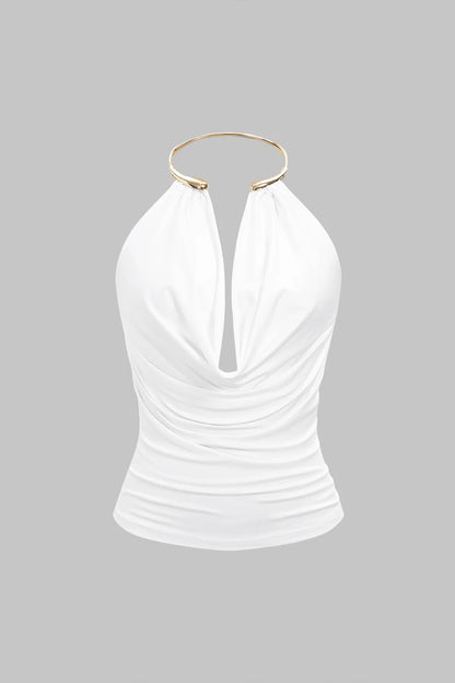 Top DESEO sin mangas metálico con cuello halter y drapeado.