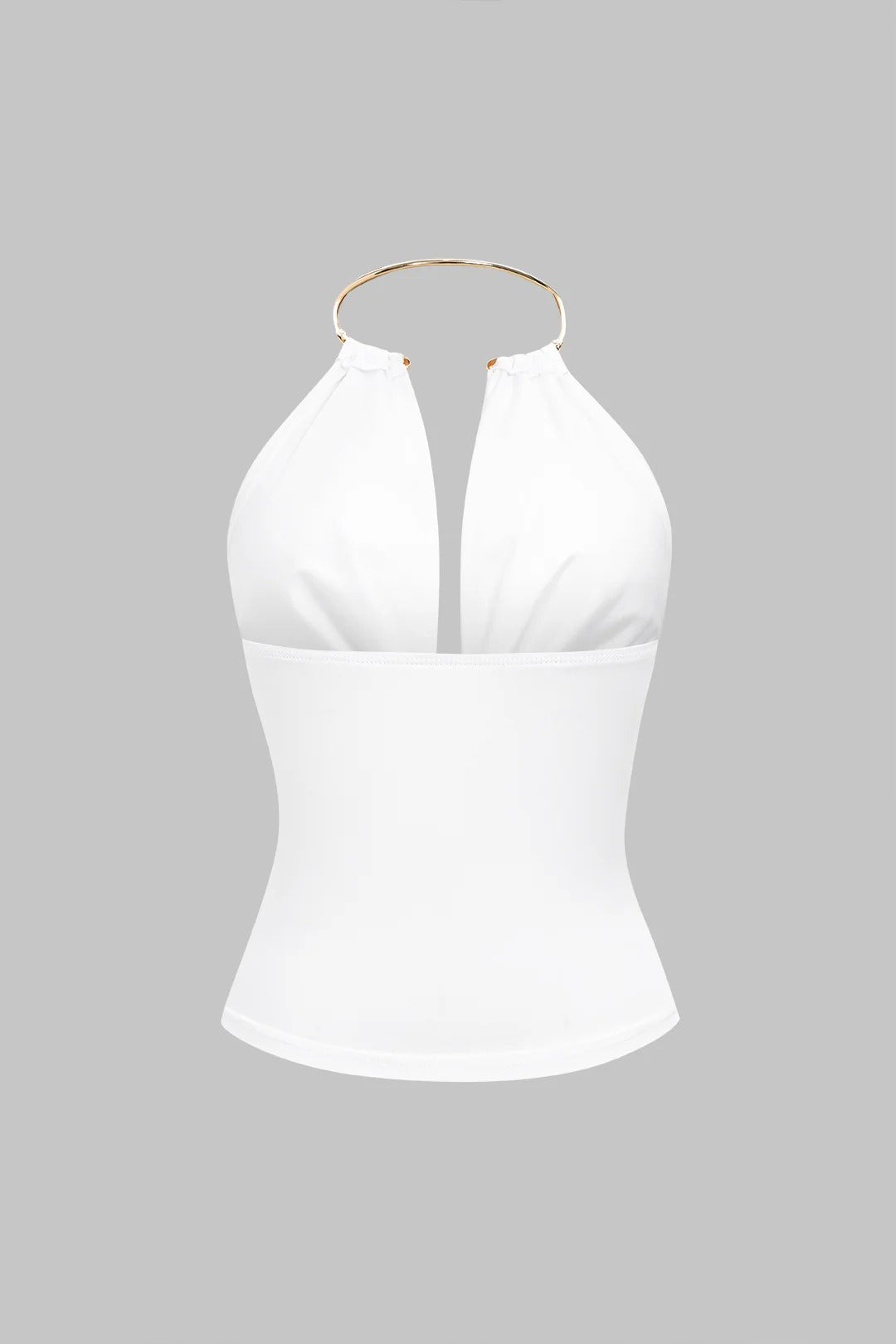 Top DESEO sin mangas metálico con cuello halter y drapeado.