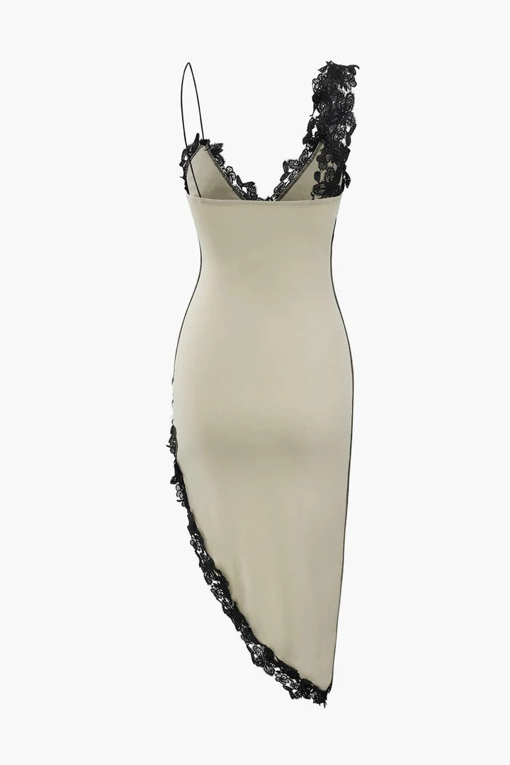 Vestido midi AURA asimétrico con paneles de encaje