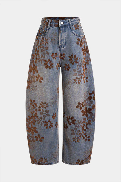 Vaqueros GUILLERMINA oversize de talle alto con bolsillos y estampado floral de mezclilla.
