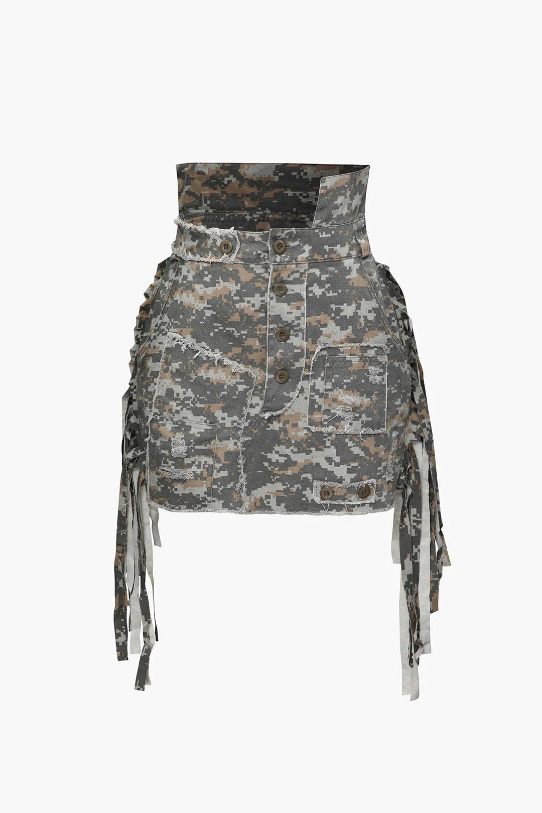 Minifalda COMBAT con flecos y patchwork deshilachado de camuflaje