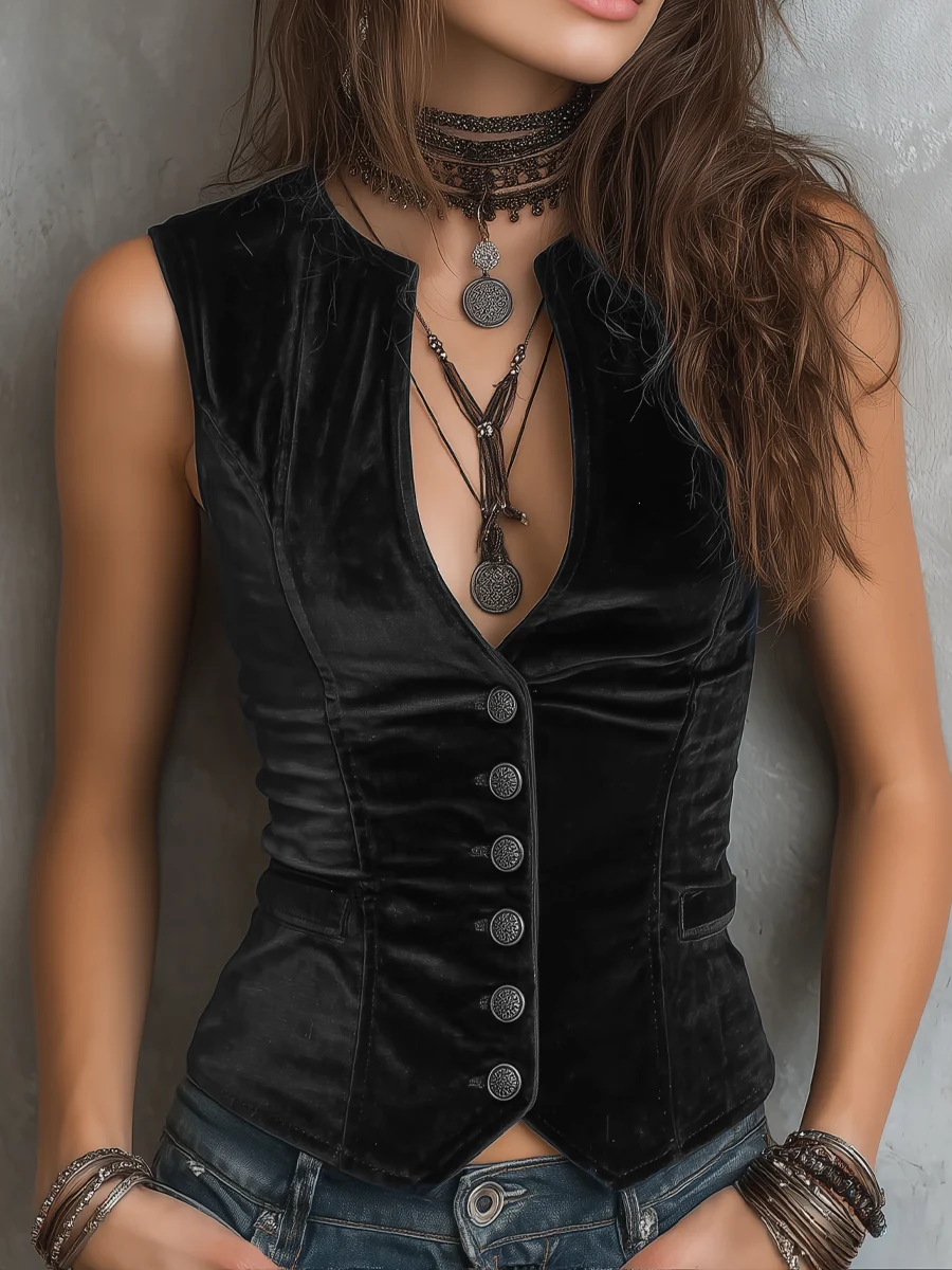 Chaleco Obsidiana vintage de terciopelo con escote redondo en V