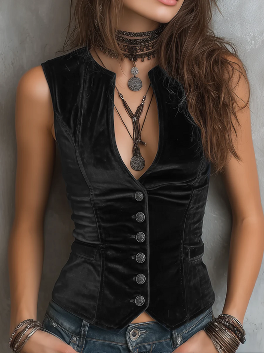 Chaleco Obsidiana vintage de terciopelo con escote redondo en V