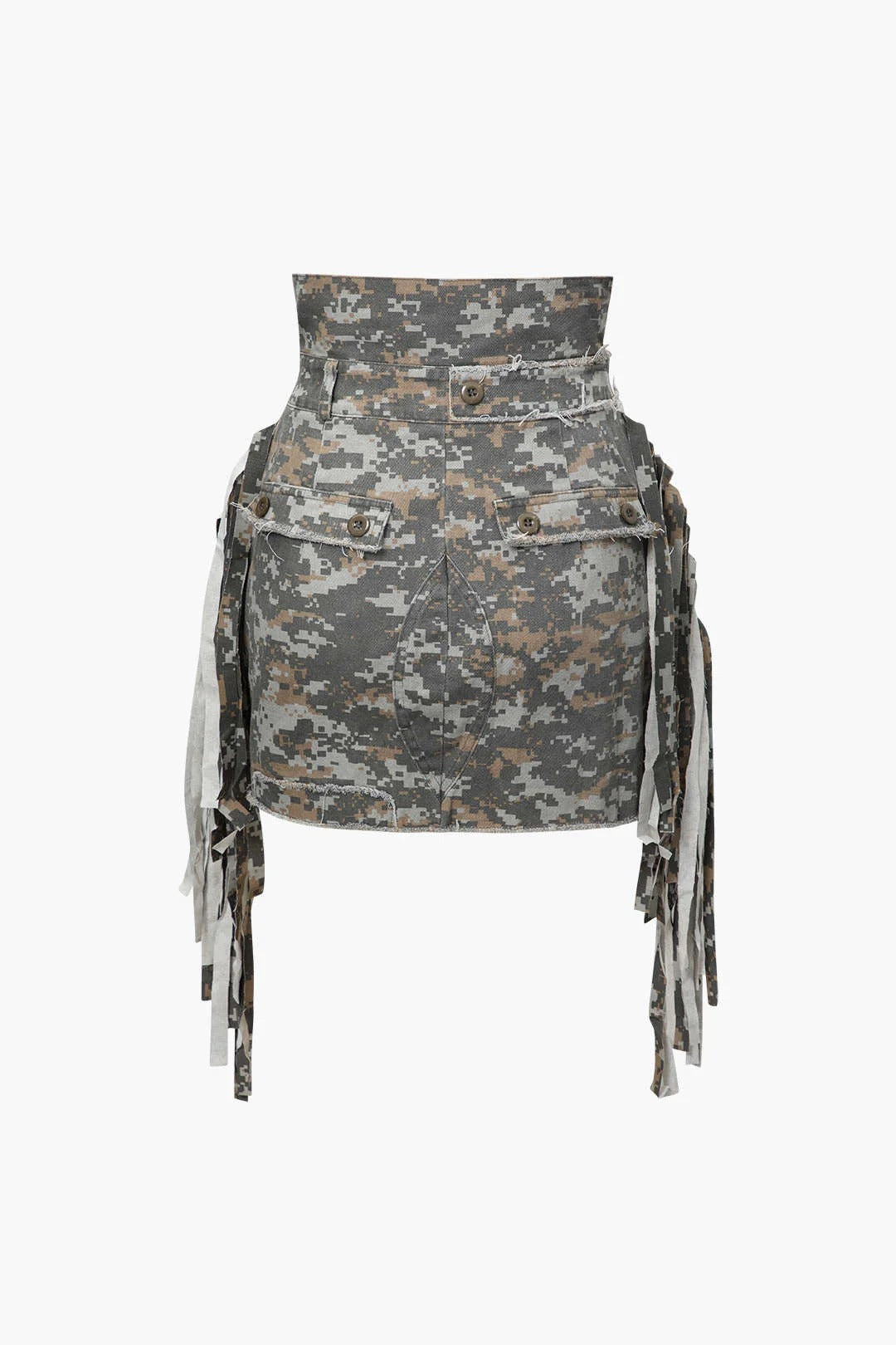 Minifalda COMBAT con flecos y patchwork deshilachado de camuflaje