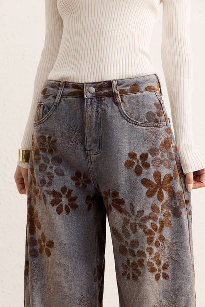 Vaqueros GUILLERMINA oversize de talle alto con bolsillos y estampado floral de mezclilla.