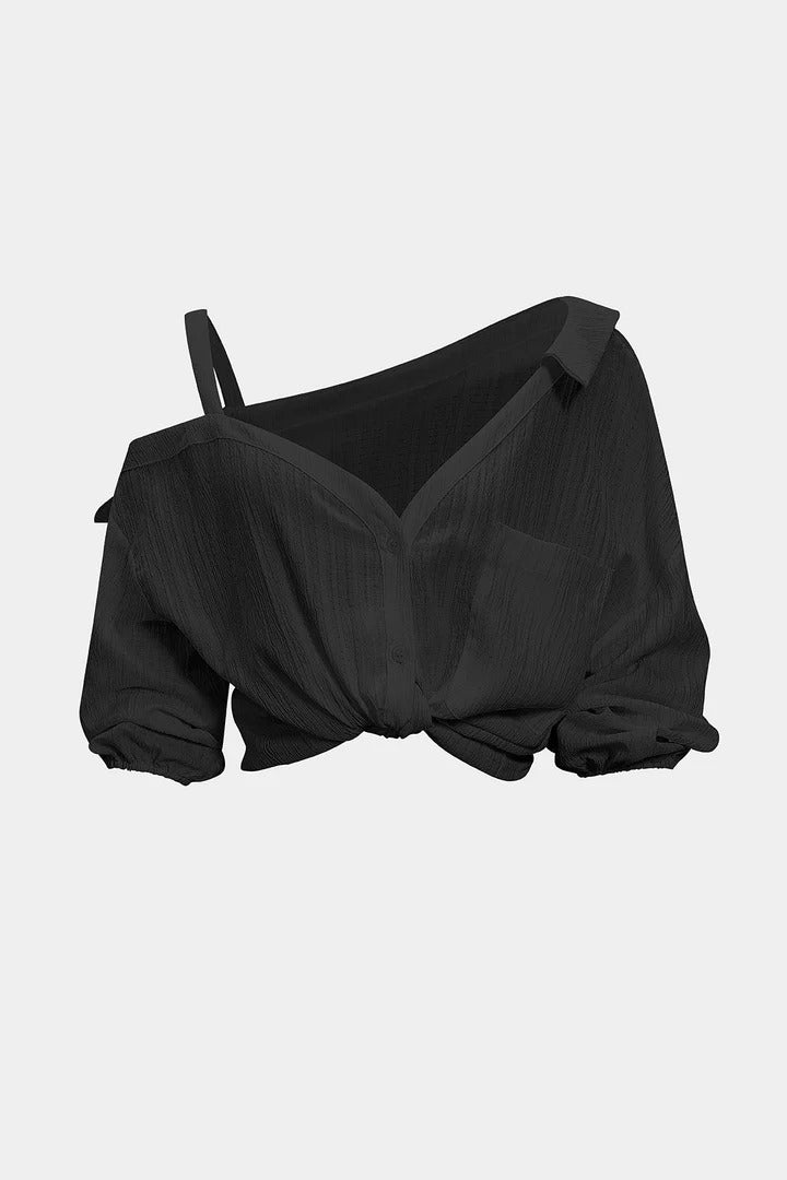 Camisa CASANDRA asimétrica de manga larga sin espalda con botones.
