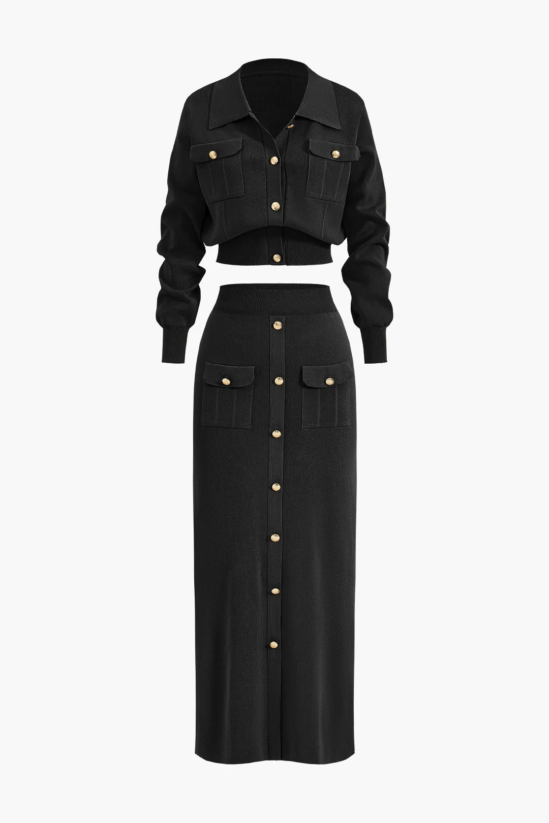 Conjunto ATELIER de top corto de punto abotonado y falda larga.