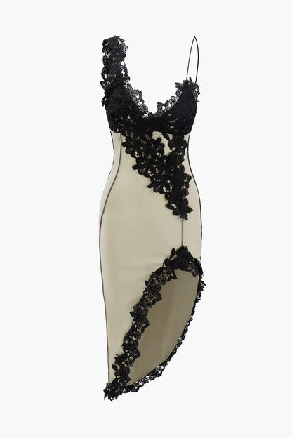Vestido midi AURA asimétrico con paneles de encaje