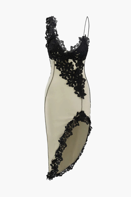 Vestido midi AURA asimétrico con paneles de encaje