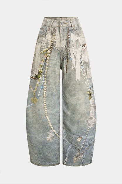 Pantalones ZELIN oversize vaqueros de pierna ancha con estampado abstracto.