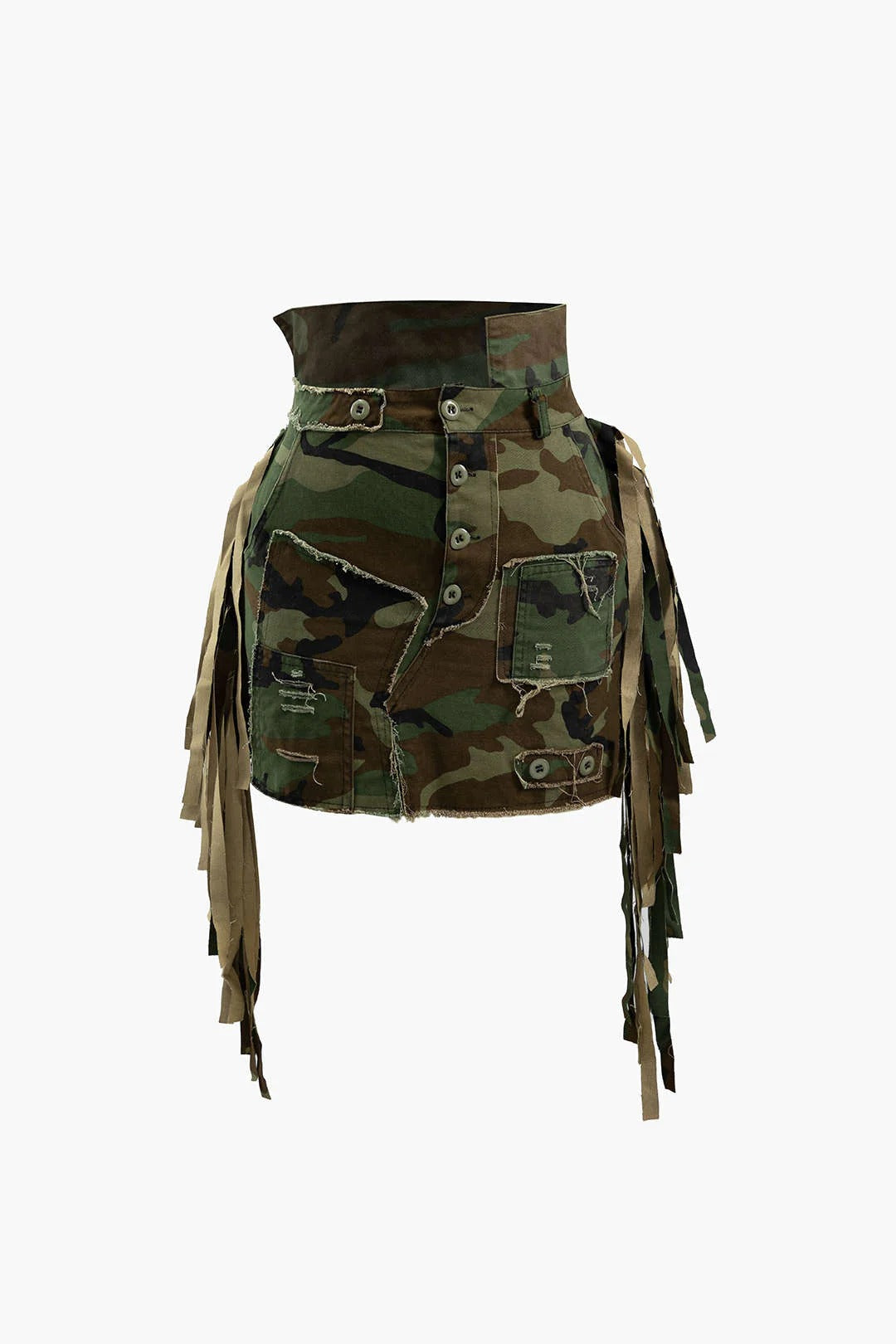 Minifalda COMBAT con flecos y patchwork deshilachado de camuflaje