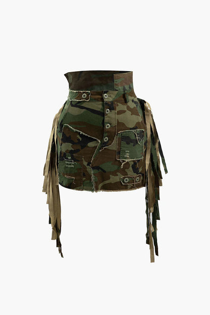 Minifalda COMBAT con flecos y patchwork deshilachado de camuflaje