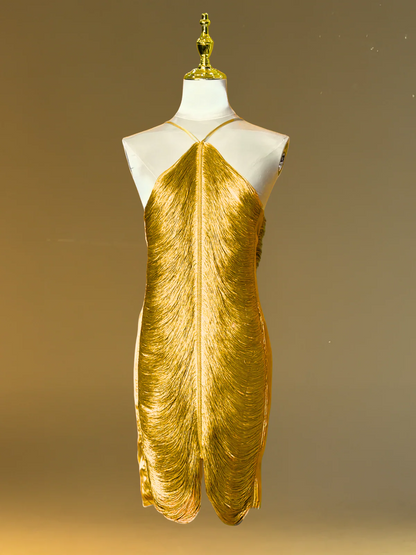 Vestido MADY, cuello halter y flecos.