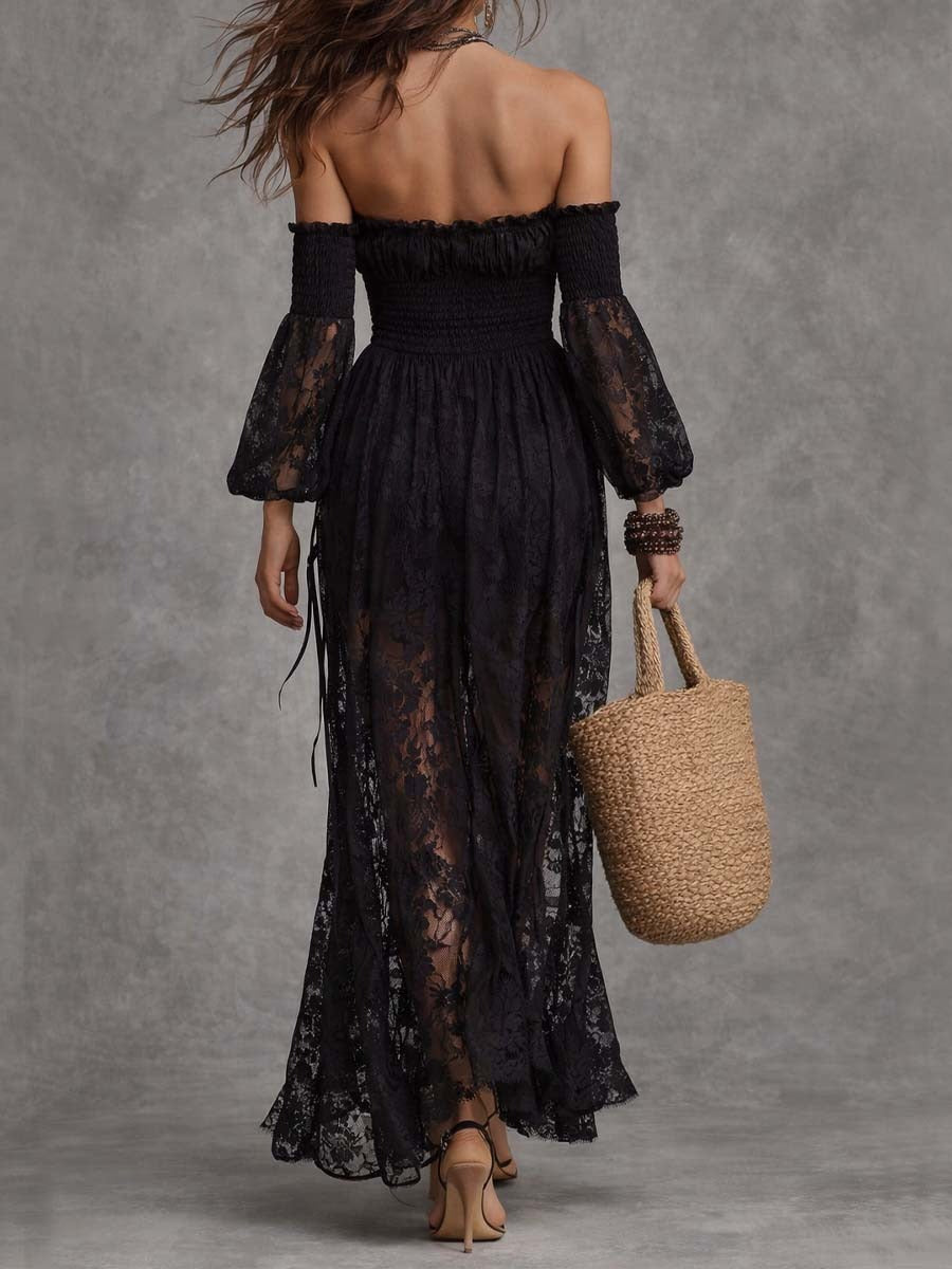 Vestido Franchesca largo negro de encaje con fruncido y hombros descubiertos