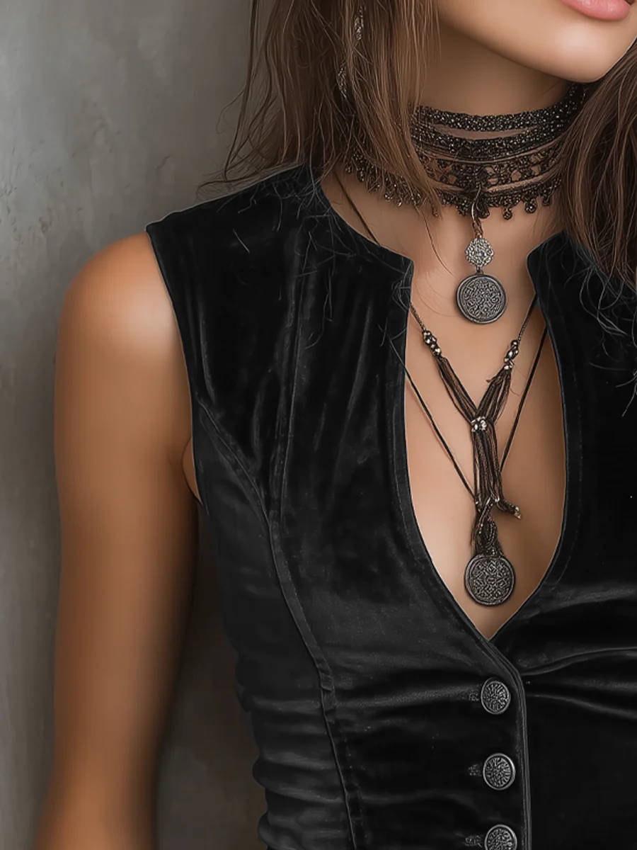 Chaleco Obsidiana vintage de terciopelo con escote redondo en V