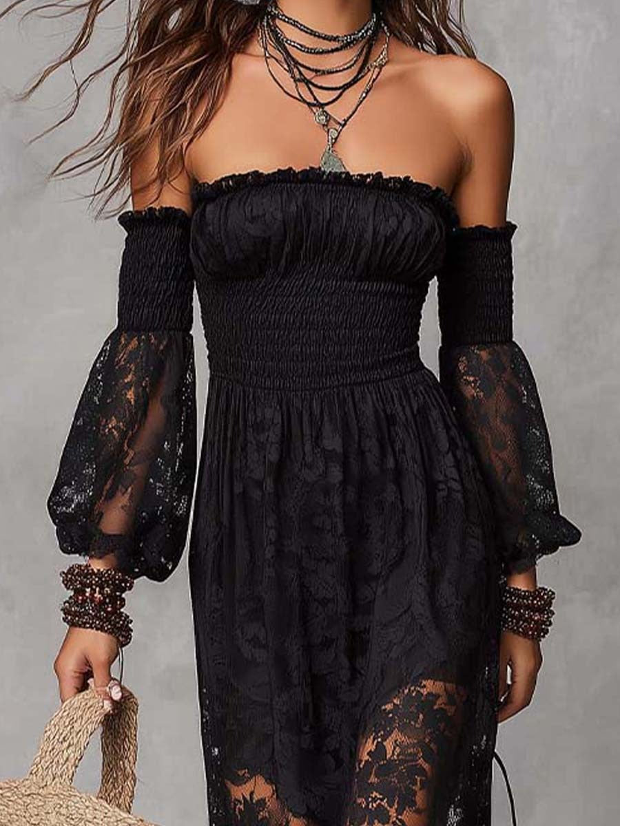 Vestido Franchesca largo negro de encaje con fruncido y hombros descubiertos