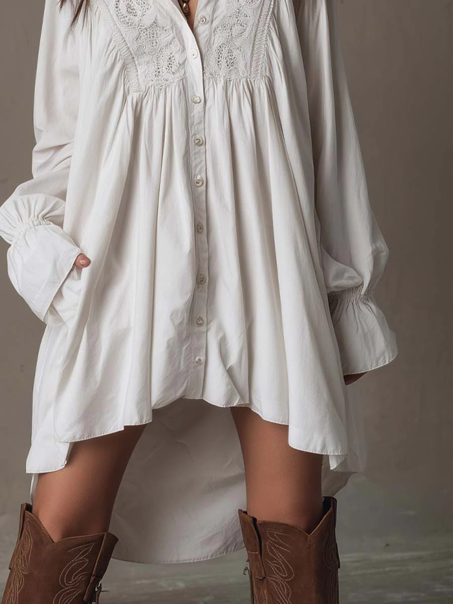 Minivestido MILAGROS de manga larga con encaje y bajo irregular de estilo retro