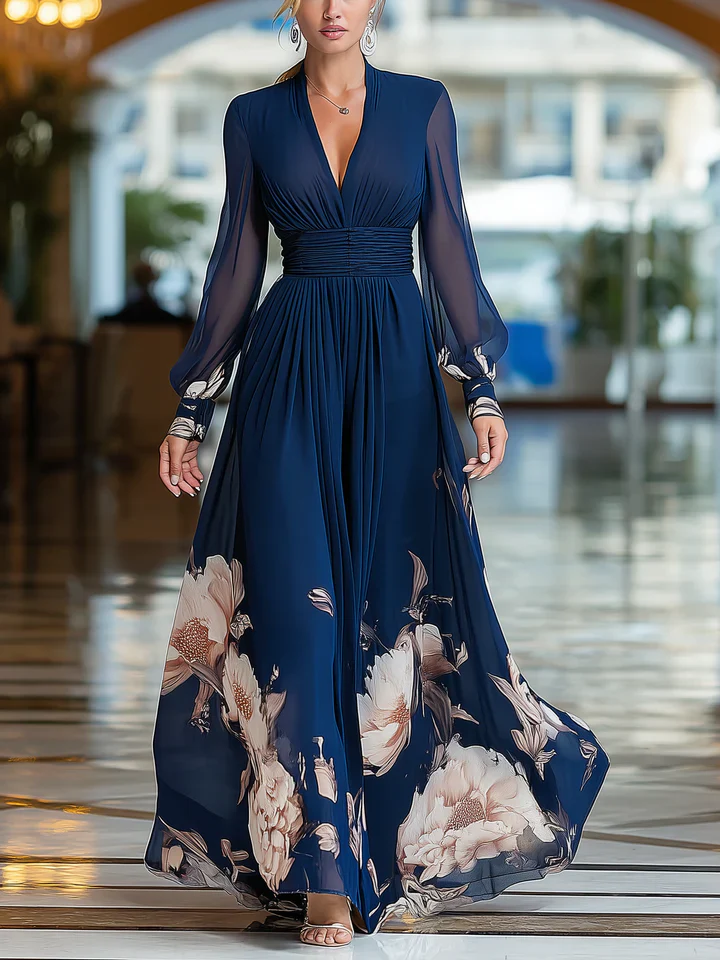 Vestido ESENCIA PURA, escote en V, manga larga, estampado floral.