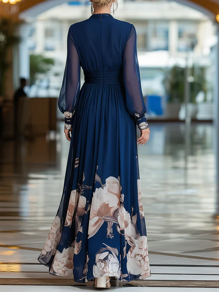 Vestido ESENCIA PURA, escote en V, manga larga, estampado floral.