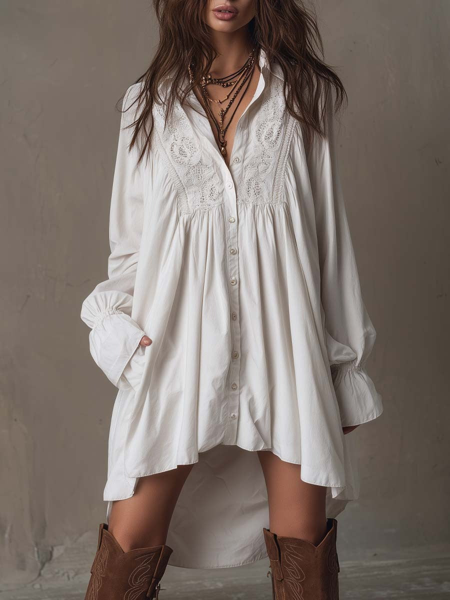 Minivestido MILAGROS de manga larga con encaje y bajo irregular de estilo retro