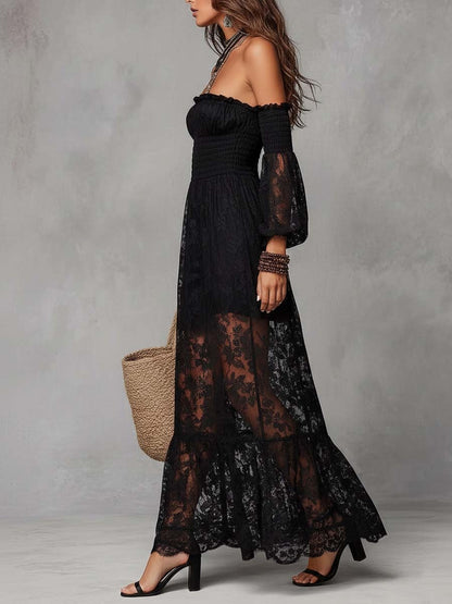 Vestido Franchesca largo negro de encaje con fruncido y hombros descubiertos