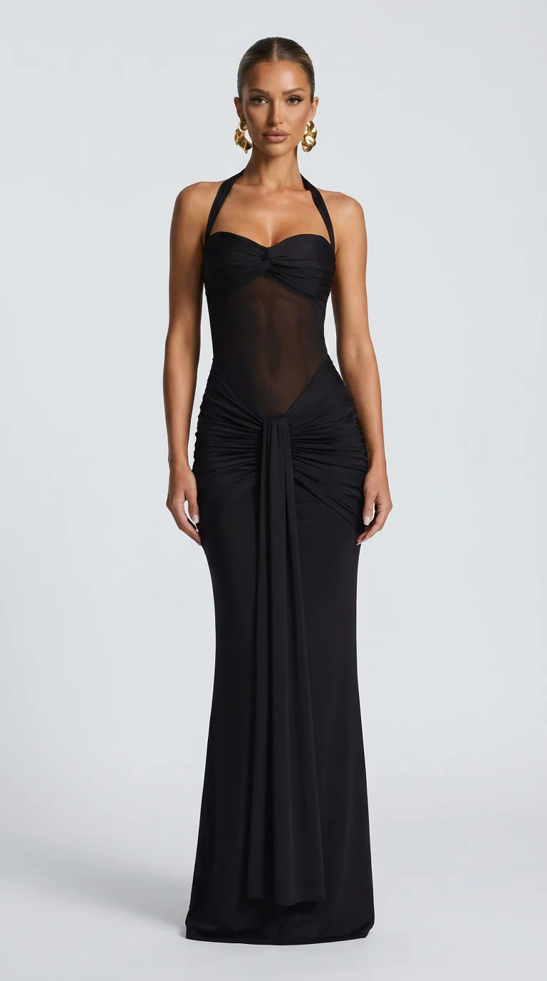 Vestido ICÓNICA, con transparencias y espalda con lazo ajustable.