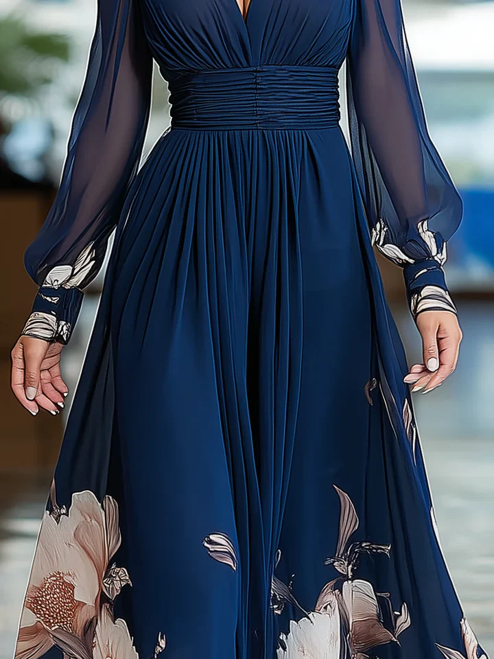 Vestido ESENCIA PURA, escote en V, manga larga, estampado floral.