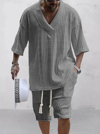 Conjunto LIORÉ Hombre Verano | Set Casual de Punto Manga Corta Cuello V + Shorts