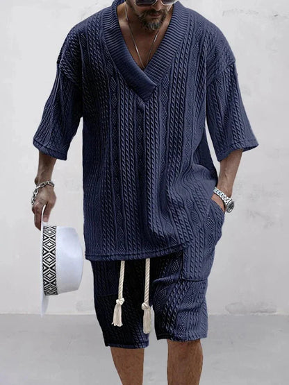Conjunto LIORÉ Hombre Verano | Set Casual de Punto Manga Corta Cuello V + Shorts