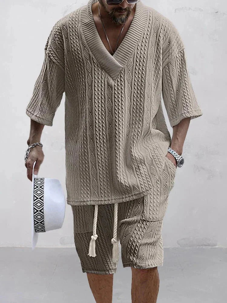 Conjunto LIORÉ Hombre Verano | Set Casual de Punto Manga Corta Cuello V + Shorts