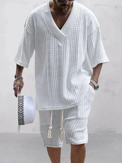 Conjunto LIORÉ Hombre Verano | Set Casual de Punto Manga Corta Cuello V + Shorts
