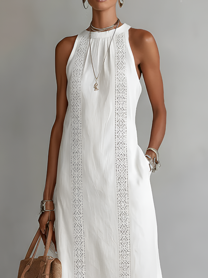 JIMENA | Vestido midi de lino con cuello halter.