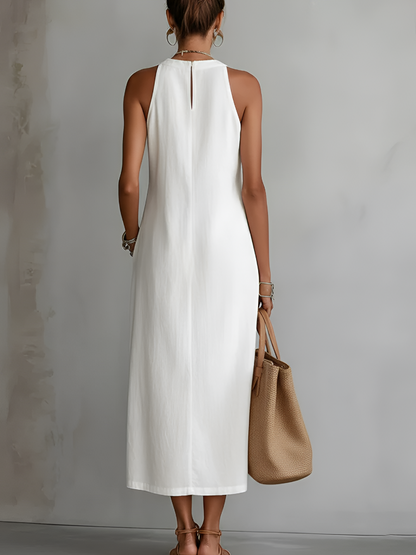 JIMENA | Vestido midi de lino con cuello halter.
