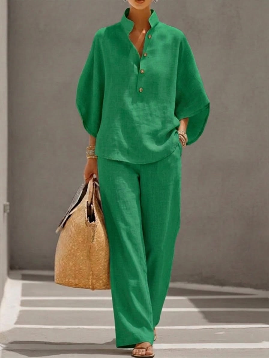 Conjunto YAIRA mangas murciélago de algodón y lino con pantalones de pierna ancha