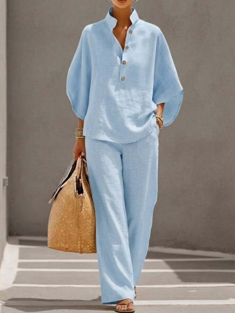 Conjunto YAIRA mangas murciélago de algodón y lino con pantalones de pierna ancha