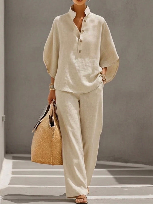 Conjunto YAIRA mangas murciélago de algodón y lino con pantalones de pierna ancha