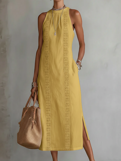 JIMENA | Vestido midi de lino con cuello halter.