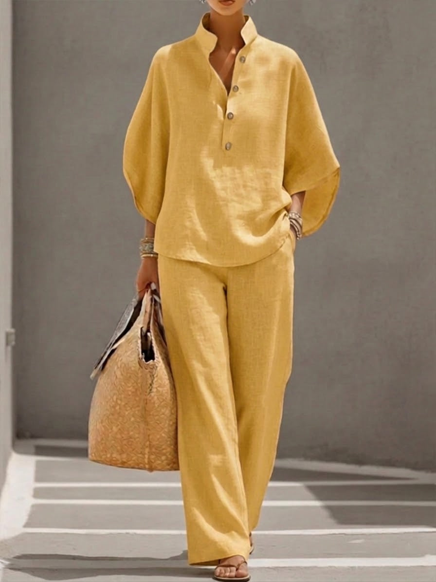 Conjunto YAIRA mangas murciélago de algodón y lino con pantalones de pierna ancha