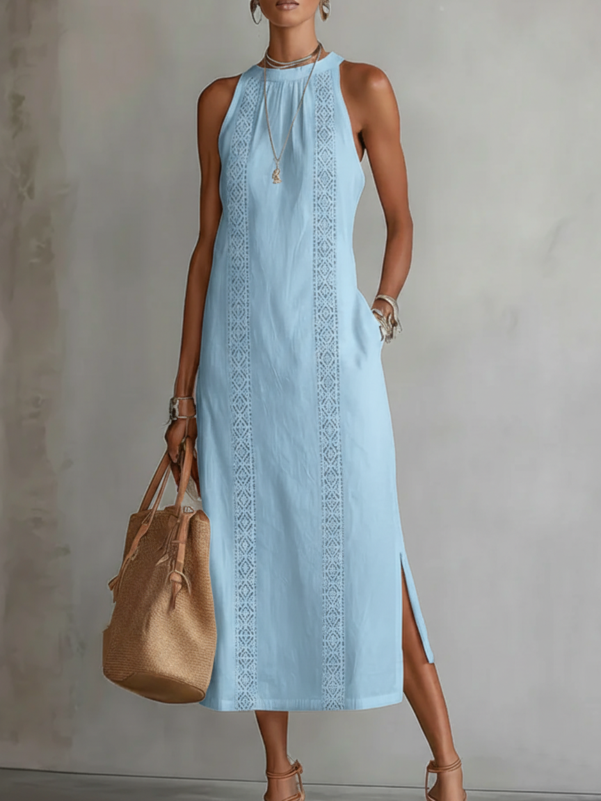 JIMENA | Vestido midi de lino con cuello halter.